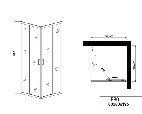 Technische Zeichnung einer Eckdusche mit den Maßen 80x80x195 Zentimeter