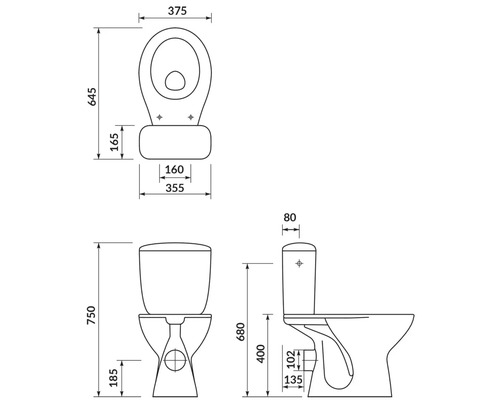 Technische Zeichnung einer Toilette mit Maßangaben
