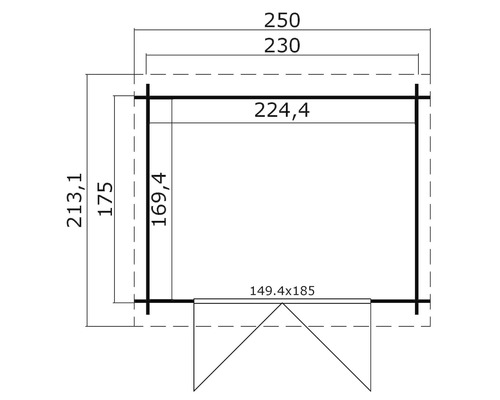 Grundrisszeichnung eines Gartenhauses mit Größenangaben.