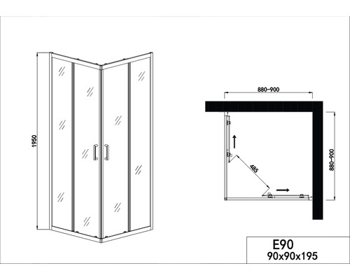 Technische Zeichnung einer Eckdusche mit Maßen.