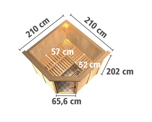 Draufsicht der Sauna mit den Massangaben 210 cm, 202 cm, 65,6 cm, 57 cm und 52 cm