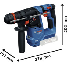 Bosch Professional Bohrhammer mit den Maßen 279 mm Länge, 101 mm Breite und 202 mm Höhe.