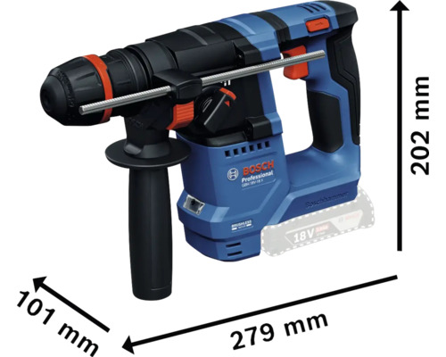 Bosch Professional Bohrhammer mit den Maßen 279 mm Länge, 101 mm Breite und 202 mm Höhe.