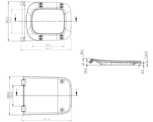 Technische Zeichnung eines Toilettensitzes mit Maßangaben