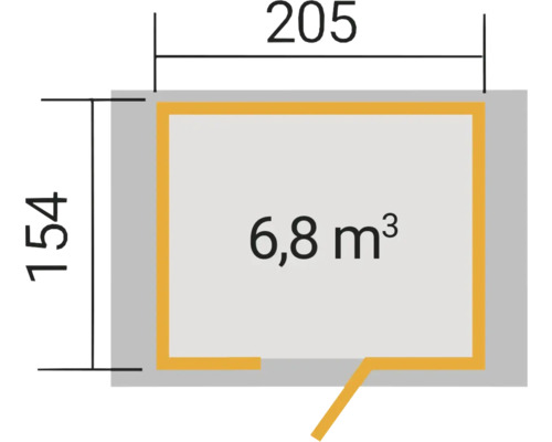 Grundrisszeichnung mit den Maßen 205 mal 154 Zentimeter und einem Volumen von 6,8 Kubikmetern