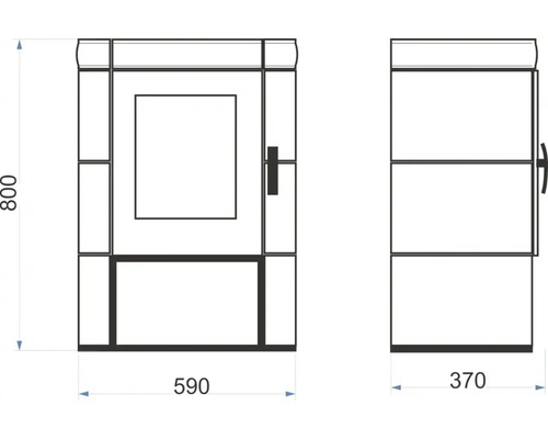 Technische Zeichnung eines Badezimmerschranks mit den Maßen 800 x 590 x 370 mm