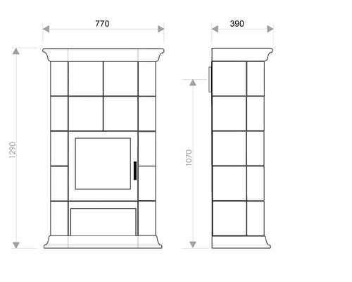 Technische Zeichnung eines Kaminofens mit den Maßen 770 x 390 x 1290 mm