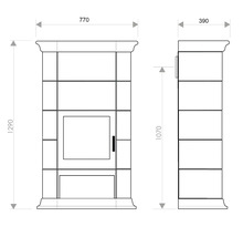 Technische Zeichnung eines Ofens mit Maßangaben: Höhe 1290 mm, Breite 770 mm, Tiefe 390 mm.