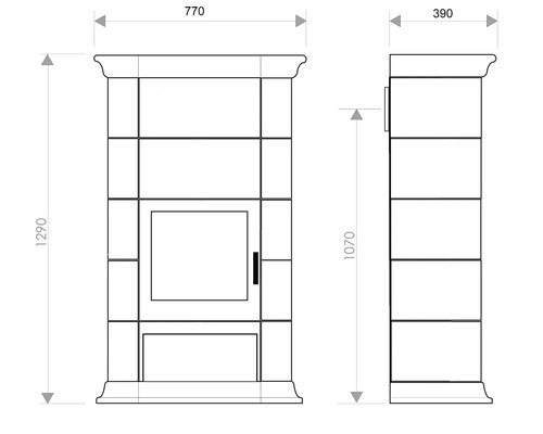 Technische Zeichnung eines Ofens mit Maßangaben: 770 mm Breite, 1290 mm Höhe und 390 mm Tiefe.
