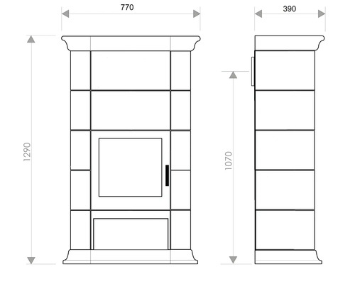 Technische Zeichnung eines Ofens mit Maßangaben