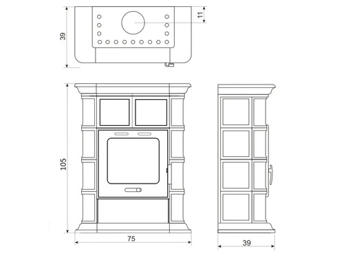 Technische Zeichnung eines Kaminofens mit Maßangaben
