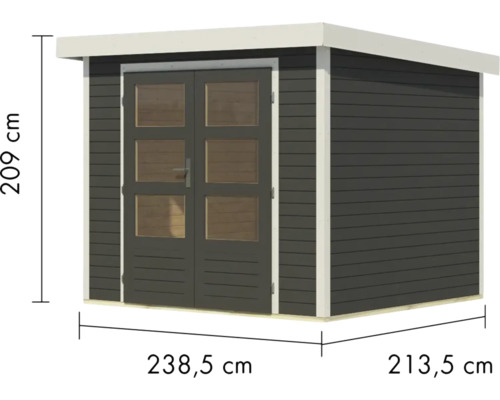 Gartenhaus aus Holz mit Doppeltür und Maßangaben