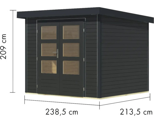 Holzgartenhaus mit Doppeltür und Maßangaben
