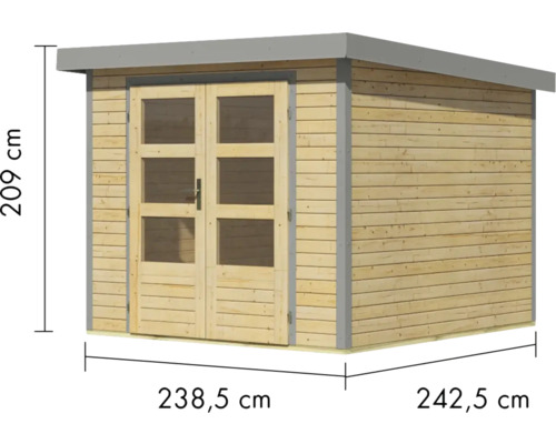 Holzgartenhaus mit Doppeltür und den Maßen 238,5 mal 242,5 mal 209 Zentimeter