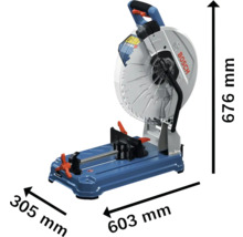 Bosch Logo. Metallsäge mit den Maßen 305 mm, 603 mm und 676 mm.