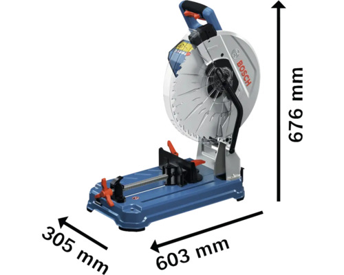 Bosch Logo. Metallsäge mit den Maßen 305 mm, 603 mm und 676 mm.