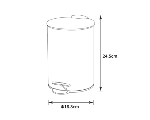 Technische Zeichnung eines Treteimer mit den Maßen 24,5 cm Höhe und 16,8 cm Durchmesser