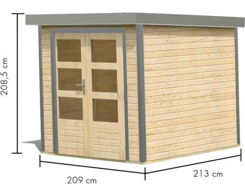 Holzgartenhaus mit Doppeltür und den Maßen 208,5 cm Höhe, 209 cm Breite und 213 cm Tiefe