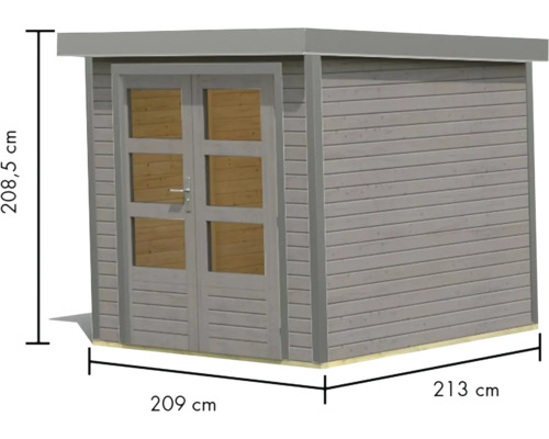 Gartenhaus aus Holz mit Doppeltür und Größenangaben