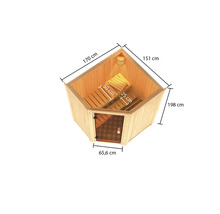 Sauna mit Tür und Bänken, Abmessungen sind gekennzeichnet