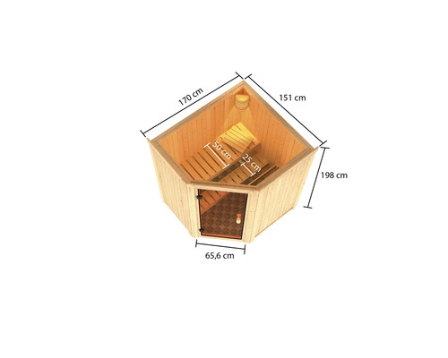 Sauna mit Tür und Bänken, Abmessungen sind gekennzeichnet