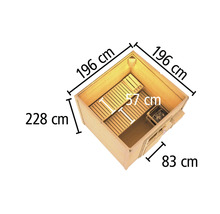 Abmessungen der Innensauna: 196 cm x 196 cm, Höhe 228 cm, Türbreite 83 cm, Banktiefe 57 cm