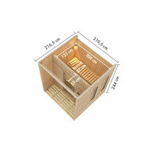 Illustration einer Sauna mit Maßangaben.