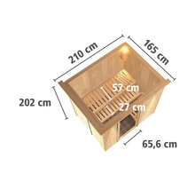 Abmessungen der Gartensauna mit einer Höhe von 202 cm, einer Breite von 165 cm und einer Tiefe von 210 cm.