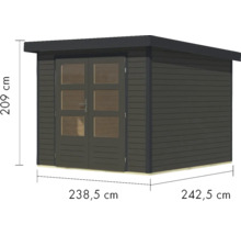 Abbildung eines Gerätehauses aus Holz mit Doppeltür und Maßangaben