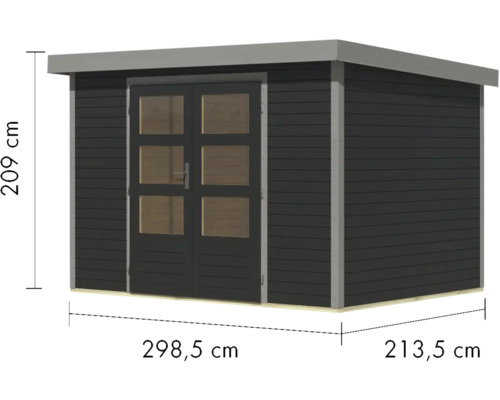 Holzgartenhaus mit Doppeltür und Größenangaben