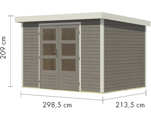 Gartenschuppen aus Holz mit Doppeltür und Maßangaben