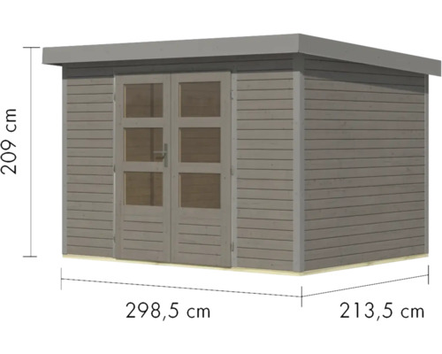 Gartenhaus mit den Maßen 209 cm Höhe, 298,5 cm Breite und 213,5 cm Tiefe.