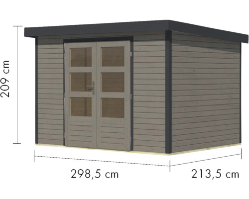 Gartenhaus aus Holz mit Doppeltür und den Maßen 298,5 mal 213,5 mal 209 Zentimeter
