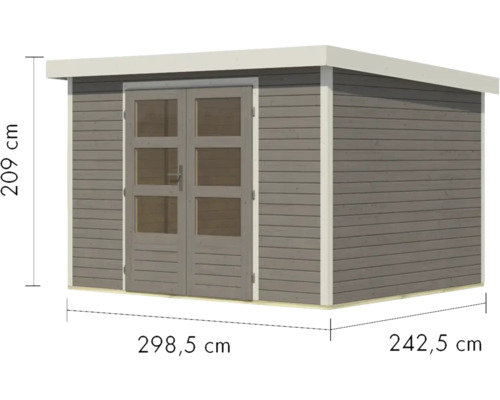 Gartenhaus mit Flachdach, Doppeltür und Maßangaben