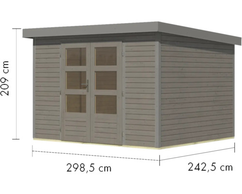 Gartenhaus aus Holz mit Doppeltür und Maßangaben