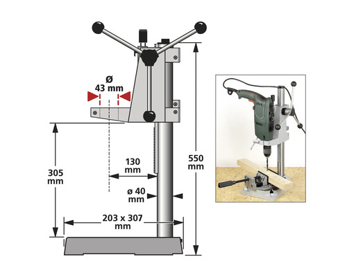 Abbildung einer Bohrmaschine mit Maßangaben.