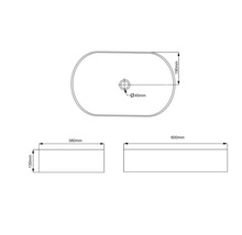 Technische Zeichnung eines Aufsatzwaschbeckens mit Maßangaben