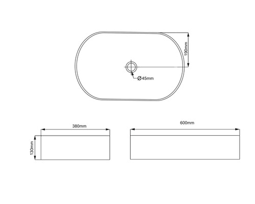 Technische Zeichnung eines Aufsatzwaschbeckens mit Maßangaben