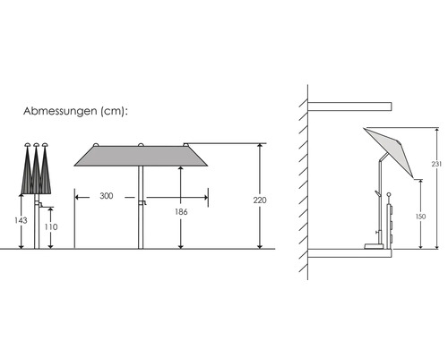 Abbildung mit Maßangaben zu einem Sonnenschirm