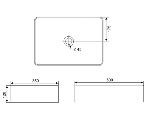 Technische Zeichnung eines rechteckigen Waschbeckens mit Abmessungen