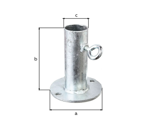 Metallpfostenhalterung mit Ringöse und Maßangaben