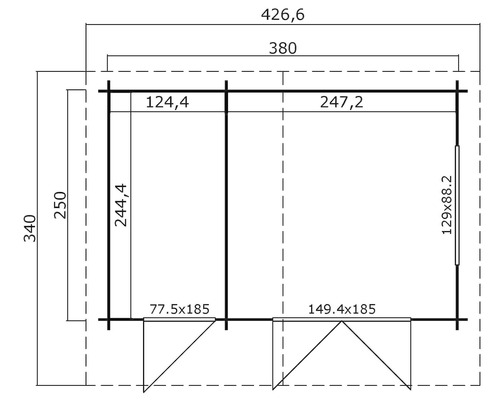 Grundrisszeichnung eines Gartenhauses mit Abmessungen