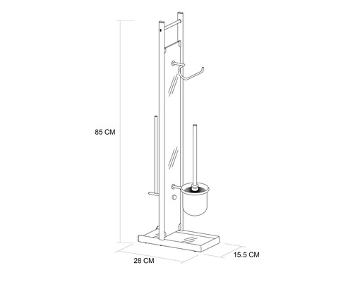 Skizze einer freistehenden Toilettenpapierhalterung mit Toilettenbürste, Höhe 85 cm, Breite 28 cm, Tiefe 15,5 cm