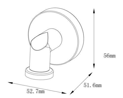 Technische Zeichnung eines flexiblen Brausehalters mit Maßangaben: 56 mm Höhe, 52,7 mm Länge, 51,6 mm Tiefe.