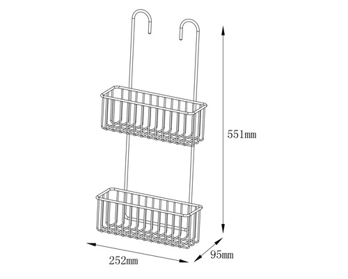 Abbildung eines Duschregals mit zwei Ablageflächen und Größenangaben.