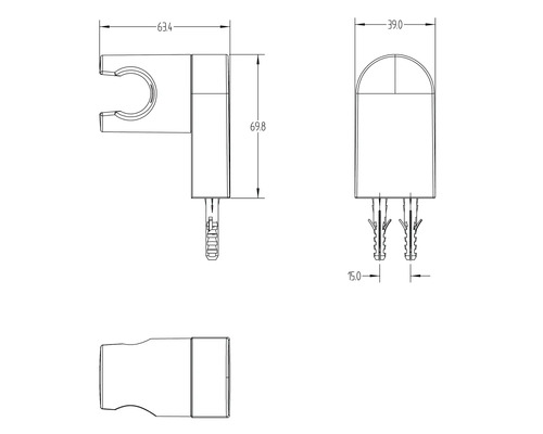 Technische Zeichnung einer Duschhalterung mit Maßangaben