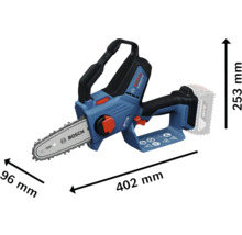 Bosch Akku-Kettensäge mit den Maßen 402 mm Länge, 96 mm Breite und 253 mm Höhe.