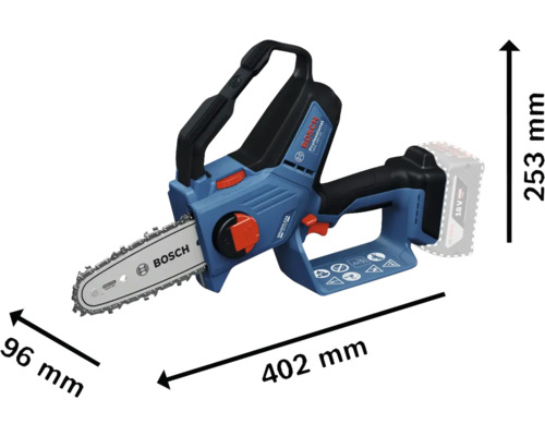 Bosch Akku-Kettensäge mit den Maßen 402 mm Länge, 96 mm Breite und 253 mm Höhe.