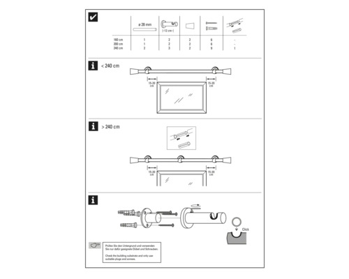 Anleitung zur Montage einer Gardinenstange mit einem Durchmesser von 28 Millimeter.