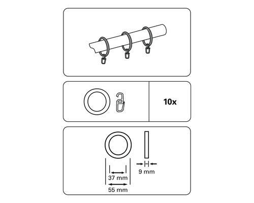 Abbildung eines Gardinenrings mit Clip und Maßen